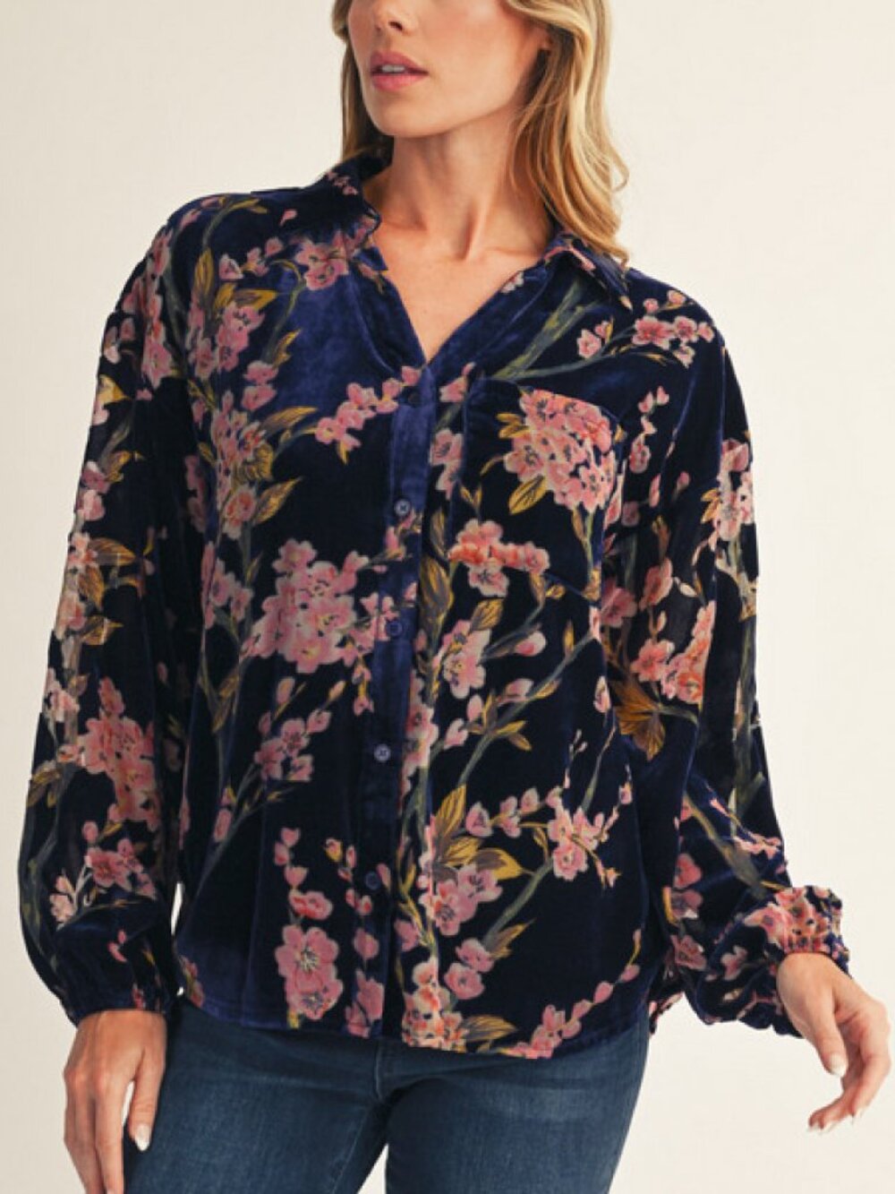 NWT Jodifl Royal Blue Floral Velvet Button Down Shirt